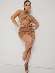 SHEIN Unity Halter Neck Tie Satin Bodycon Mini Dress - Khaki - View 5