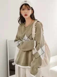 DAZY 菱形圖案下垂肩毛衣 - 軍綠色 - 查看 1