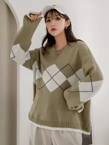 DAZY 菱形圖案下垂肩毛衣 - 軍綠色 - 查看 2