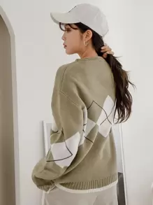 DAZY 菱形圖案下垂肩毛衣 - 軍綠色 - 查看 8