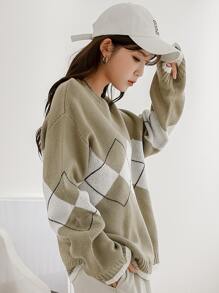 DAZY 菱形圖案下垂肩毛衣 - 軍綠色 - 查看 7