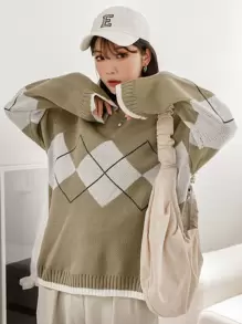 DAZY 菱形圖案下垂肩毛衣 - 軍綠色 - 查看 5