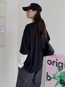 DAZY Patch Detail Drop Shoulder 2 In 1 Tee,Fall Clothes Long Sleeve Women Tops - Black - View 2