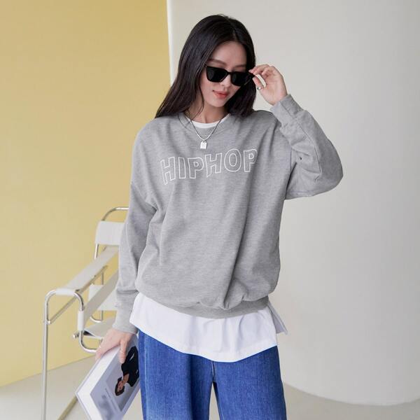 

Letter Graphic Drop Shoulder Oversized Pullover, Grey