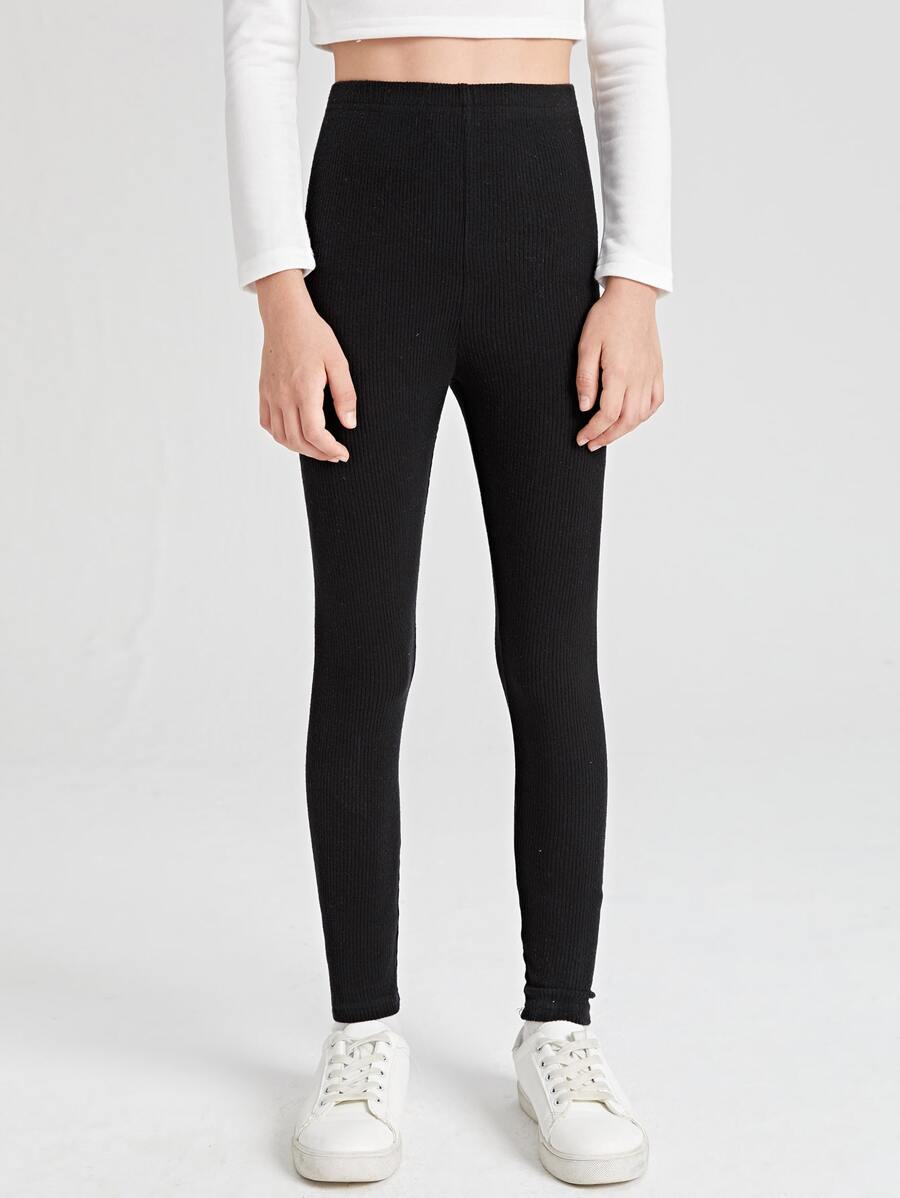 SHEIN Leggings de punto acanalado sólido para niña preadolescente - Negro - Ver 1
