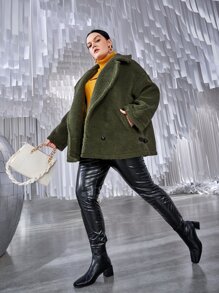 Plus Drop Shoulder Slant Pocket Teddy Coat - Dark Green - View 2