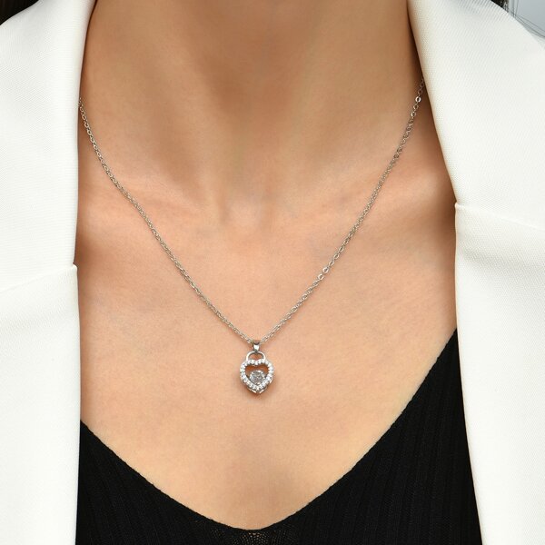 

Zircon Heart Charm Necklace, Silver