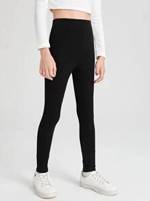 SHEIN Leggings de punto acanalado sólido para niña preadolescente - Negro - Ver 5