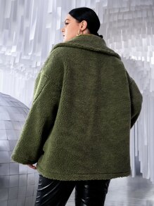 Plus Drop Shoulder Slant Pocket Teddy Coat - Dark Green - View 3