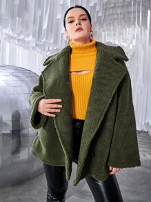 Plus Drop Shoulder Slant Pocket Teddy Coat - Dark Green - View 4