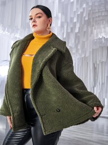 Plus Drop Shoulder Slant Pocket Teddy Coat - Dark Green - View 1