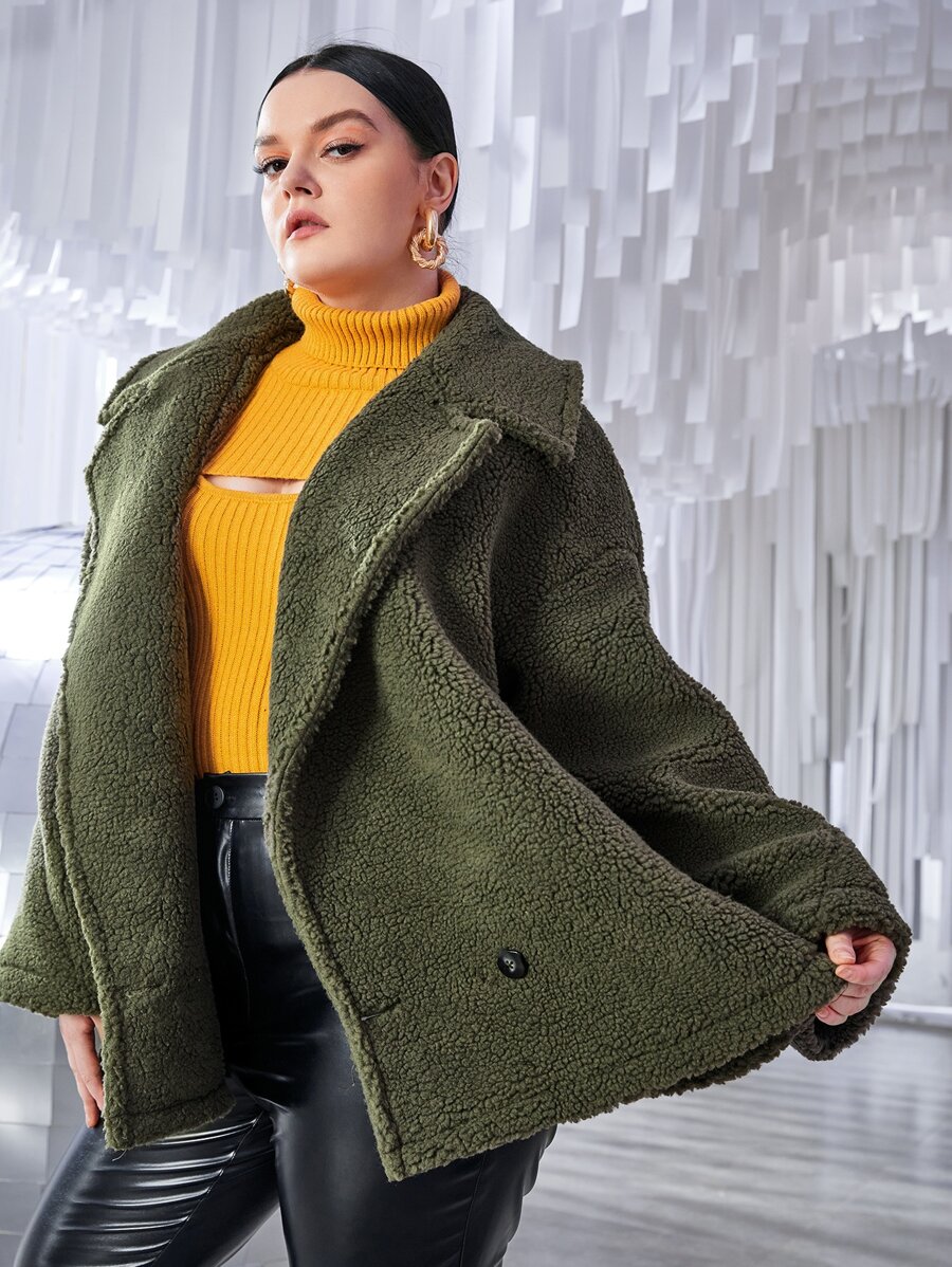 Plus Drop Shoulder Slant Pocket Teddy Coat - Dark Green - View 1