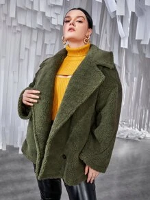 Plus Drop Shoulder Slant Pocket Teddy Coat - Dark Green - View 5