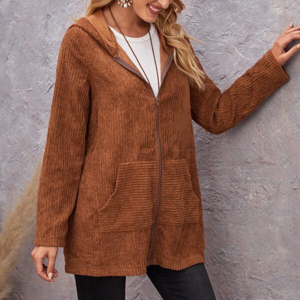 

Slant Pocket Zipper Hooded Corduroy Coat, Brown