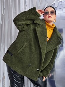 Plus Drop Shoulder Slant Pocket Teddy Coat - Dark Green - View 7