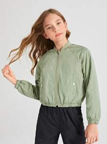 SHEIN Niñas Cazadora tipo bomber bajo elástico de manga raglán - Verde militar - Ver 1