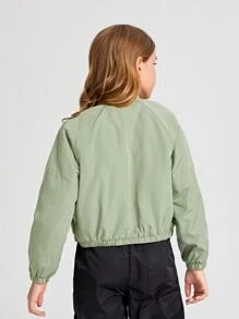 SHEIN Niñas Cazadora tipo bomber bajo elástico de manga raglán - Verde militar - Ver 2