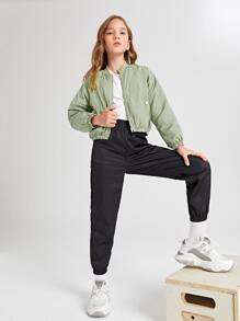 SHEIN Niñas Cazadora tipo bomber bajo elástico de manga raglán - Verde militar - Ver 4