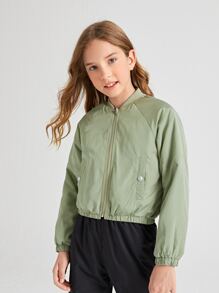SHEIN Niñas Cazadora tipo bomber bajo elástico de manga raglán - Verde militar - Ver 6