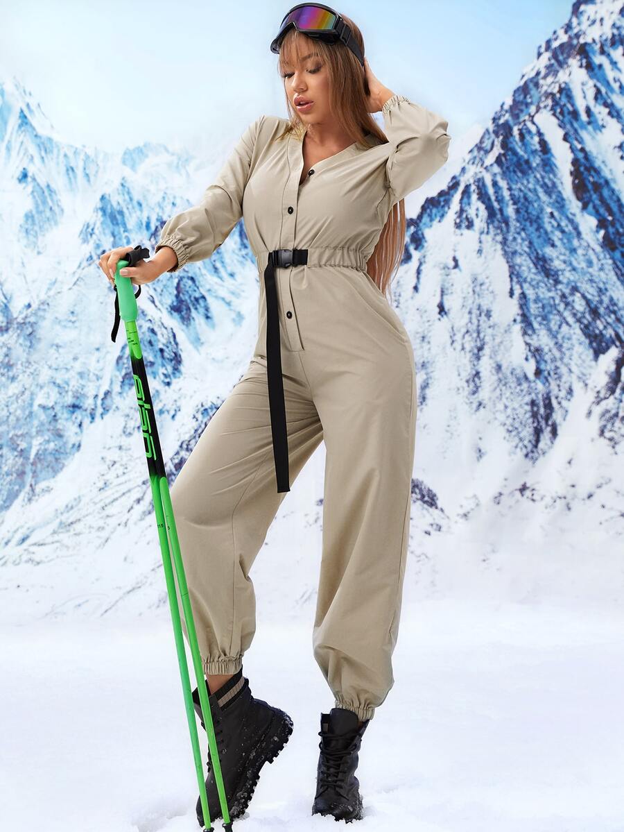 Slant Pocket Buckled Belted Jumpsuit - Khaki - View 1