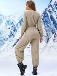 Slant Pocket Buckled Belted Jumpsuit - Khaki - View 2