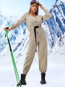 Slant Pocket Buckled Belted Jumpsuit - Khaki - View 3