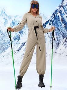 Slant Pocket Buckled Belted Jumpsuit - Khaki - View 5