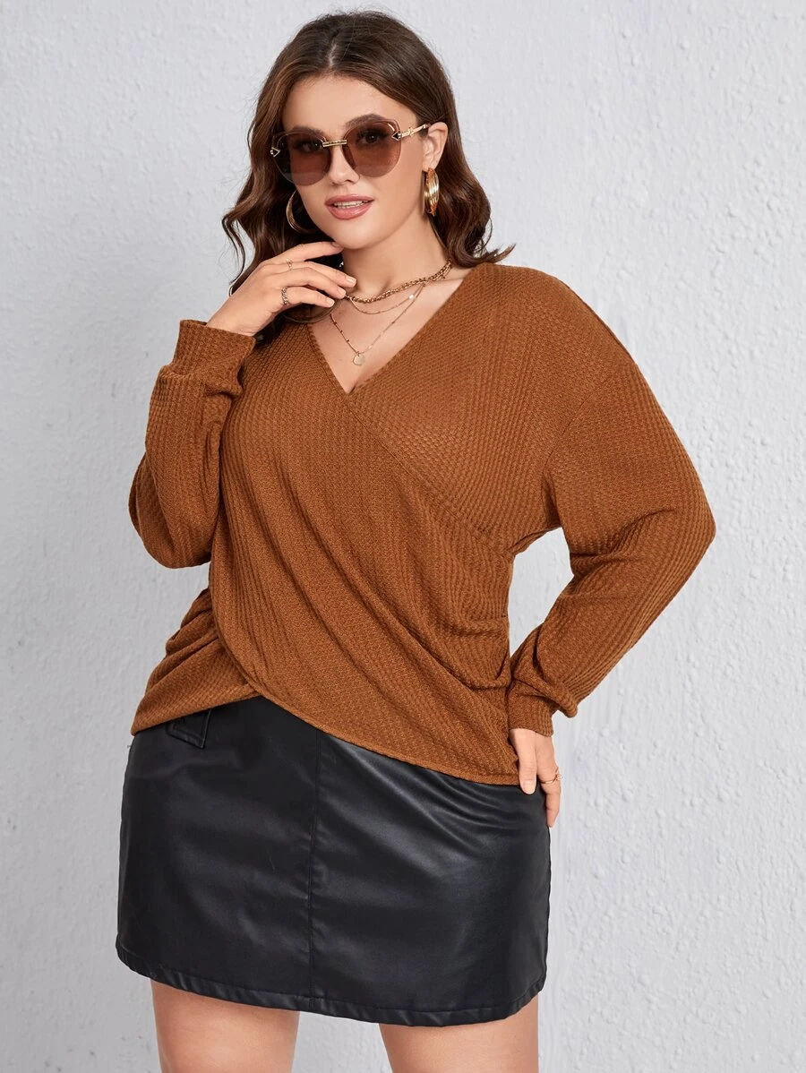 Camiseta cruzada de hombros caídos tejida waffle - Marrón Mocha - Ver 1