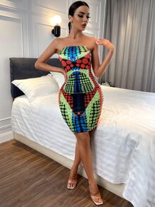 Zolique 波卡圓點一字領緊身洋裝 - 彩色 - 查看 4