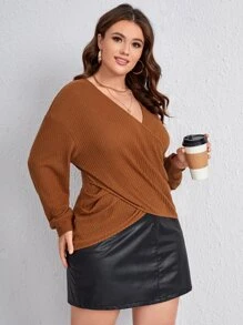 Camiseta cruzada de hombros caídos tejida waffle - Marrón Mocha - Ver 4