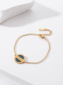 1pc Gold Stainless Steel Green Round Tag Bracelet - Yellow Gold - View 1