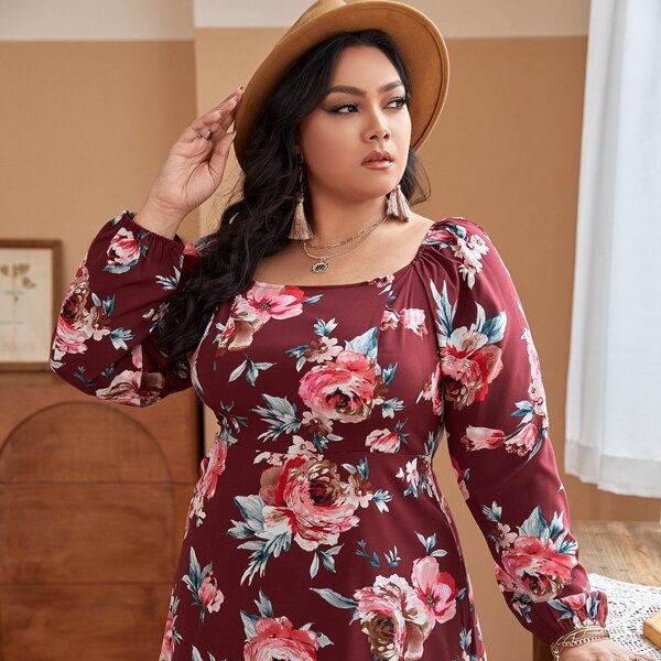 

Plus Floral Print Lantern Sleeve Dress, Burgundy