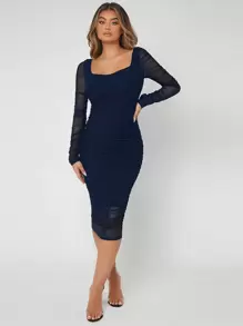 SHEIN SXY Đầm Xù Dải chun màu trơn Thanh lịch - Màu xanh hải quân - Xem 3