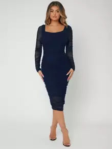 SHEIN SXY Đầm Xù Dải chun màu trơn Thanh lịch - Màu xanh hải quân - Xem 5