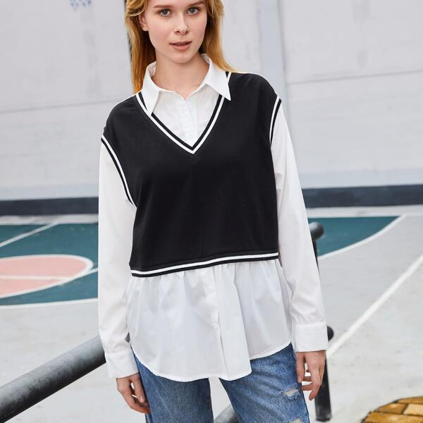 

Striped Trim Color Block 2 In 1 Blouse, Black and white