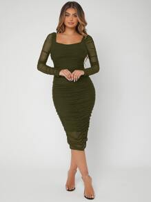 SHEIN SXY Ruched Mesh Bodycon Dress - Army Green - View 1