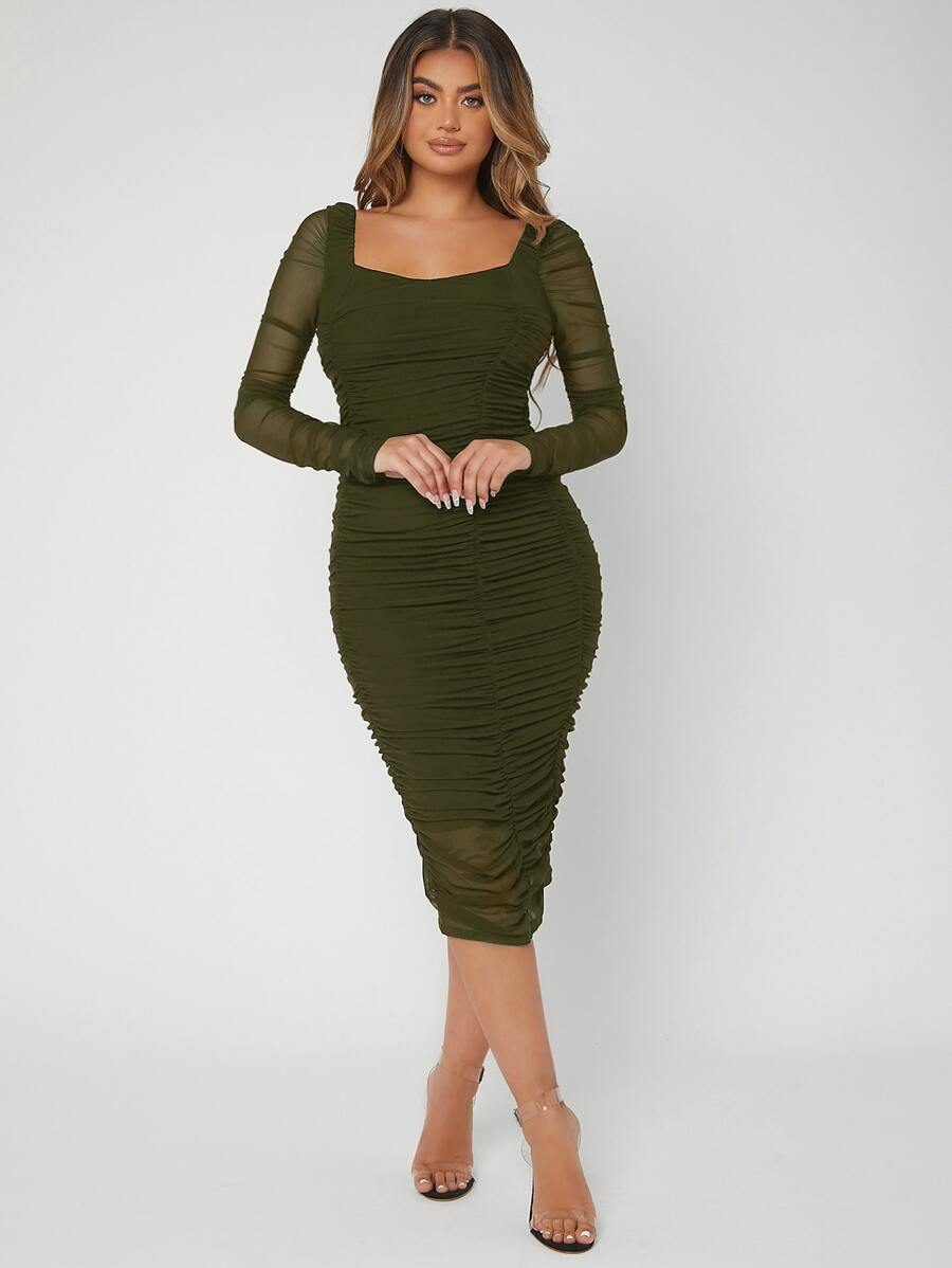 SHEIN SXY Ruched Mesh Bodycon Dress - Army Green - View 1