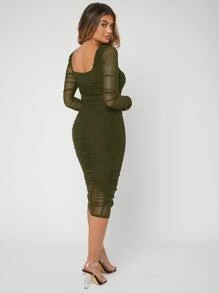 SHEIN SXY Ruched Mesh Bodycon Dress - Army Green - View 2