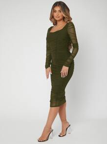 SHEIN SXY Ruched Mesh Bodycon Dress - Army Green - View 3