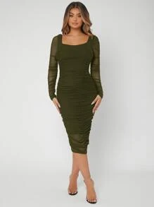 SHEIN SXY Ruched Mesh Bodycon Dress - Army Green - View 4