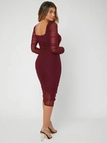 SHEIN SXY 褶邊網紗緊身洋裝 - 酒紅色 - 查看 2
