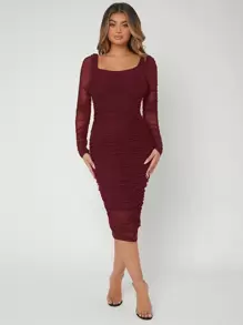 SHEIN SXY 褶邊網紗緊身洋裝 - 酒紅色 - 查看 3