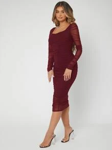 SHEIN SXY 褶邊網紗緊身洋裝 - 酒紅色 - 查看 4