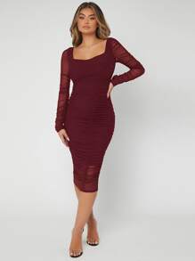 SHEIN SXY 褶邊網紗緊身洋裝 - 酒紅色 - 查看 5