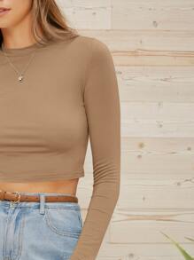 SHEIN Essnce Form-Fitting Long Sleeve Crop Top - Khaki - View 5