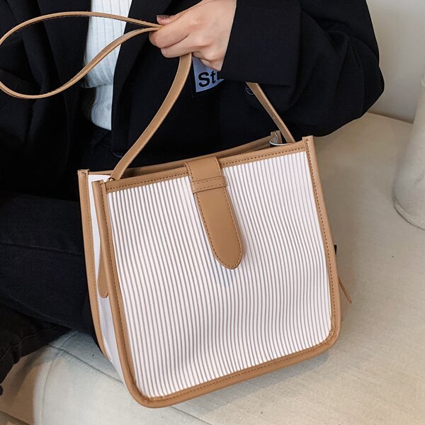 

Fold Trim Shoulder Bucket Bag, Beige
