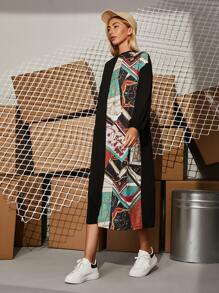 Mulvari Vestido con cadena con estampado de retazo de hombros caídos