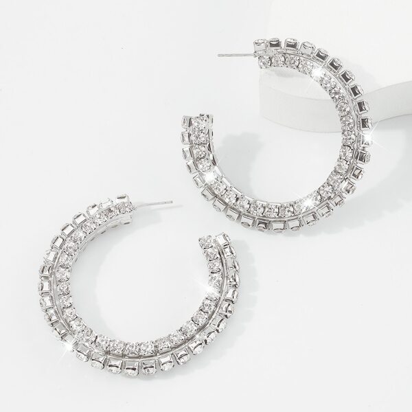

Rhinestone Decor Open Hoop Earrings, Silver