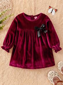 Baby Flounce Sleeve Bow Front Velvet Dress - Burgundy - View 1
