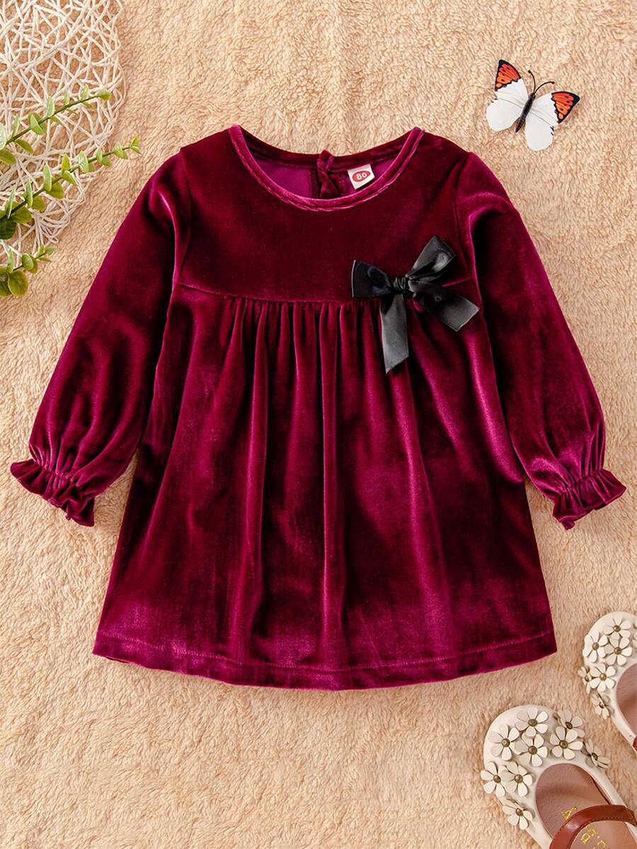 Baby Flounce Sleeve Bow Front Velvet Dress - Burgundy - View 1